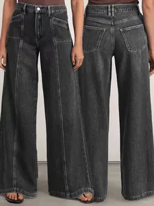 Jeans Femme Taille Haute Jambe Large Denim Lavé Mélange Coton Pantalon Droit Confortable Extensible Casual