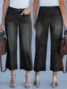 Vues avant et arrière du pantalon en jean noir délavé à jambes larges et poches.