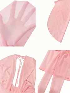 Detailansichten der rosa durchsichtigen Netzstofftextur und Nackenbänder eines Minikleids.
