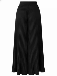 Detailed view of high-waisted black pleated wide-leg trousers with elegant texture