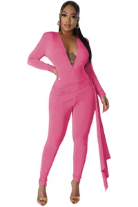 Sexy pink deep V-neck long sleeve jumpsuit with ruched waist detail and elegant side drape sash