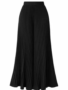 Elegant high-waisted black pleated wide-leg trousers featuring a fluid, draped silhouette.