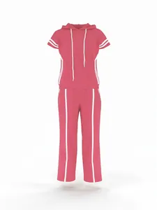 Detailed view of pink two-piece athletic set featuring white side stripes and hooded top