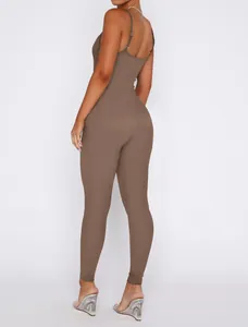 Close-up showing the back detail of a mocha brown ribbed backless jumpsuit for women