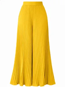Close-up of bright yellow high-waisted pleated wide-leg pants showing fine pleat texture