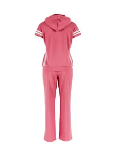 Back view of pink hooded short-sleeve tracksuit set with white side stripes
