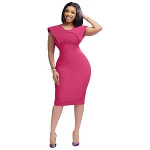 Professional magenta sleeveless sheath office dress shown on a full body model