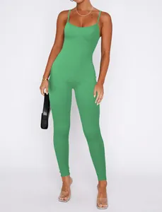 Fashionable green ribbed backless camisole bodysuit jumpsuit for women in a slim fit