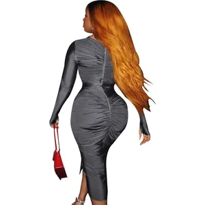 Detailed back view of charcoal grey ruched bodycon midi dress with long sleeves.