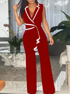 Eleganter ärmelloser Jumpsuit mit V-Ausschnitt, weißem Besatz und weitem Bein Damen