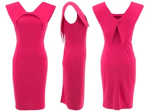 Detailed view of magenta sleeveless office dress with a unique lapel collar design