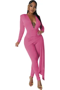 Sexy deep V-neck pink long sleeve bodysuit jumpsuit with elegant draped fabric detail.