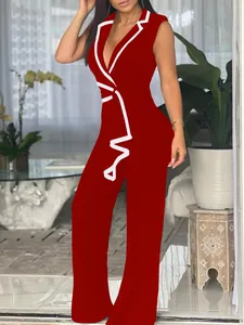 Eleganter roter ärmelloser Jumpsuit mit V-Ausschnitt, weißem Rand und weitem Bein
