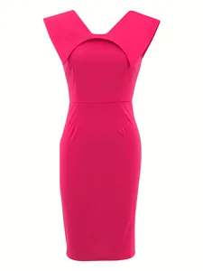 Elegant rose red sleeveless office midi dress with unique cutout collar design detail