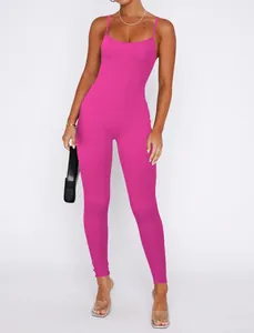 Stylish sexy hot pink ribbed bodycon jumpsuit with elegant thin spaghetti straps.