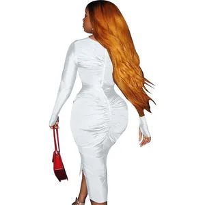 Elegant white long-sleeved ruched bodycon midi dress for women showing back detail view.