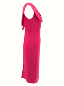 Side profile of a vibrant pink sleeveless office dress with a slim-fit cut.
