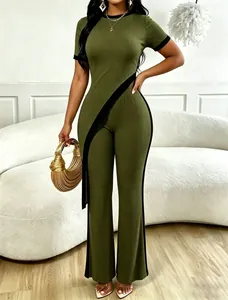 Olive green ribbed two-piece set with asymmetric cutout top and wide-leg pants