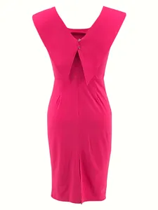 Detailed back view of a magenta sleeveless office dress with unique split collar design