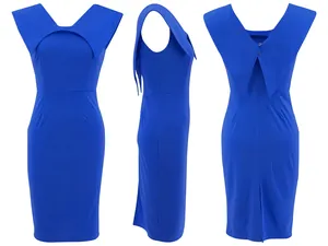 Royal blue sleeveless square neck midi office dress shown from front side and back views