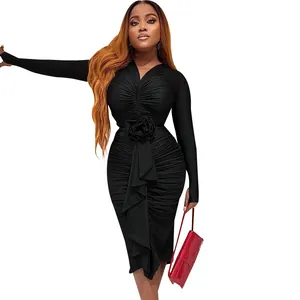 Elegant black ruched bodycon dress featuring 3D rose waist detail and V-neckline
