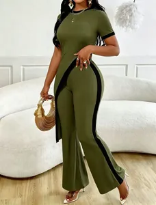 Detailed view of olive green ribbed two-piece set with asymmetrical crop top