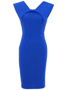 Front detail of royal blue sleeveless office pencil dress with wrap-style neckline.