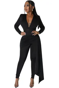 Elegant black long sleeve jumpsuit featuring a sexy deep V-neck and stylish side drape detail