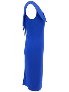 Side view of royal blue sleeveless office dress with square neck and back slit detail