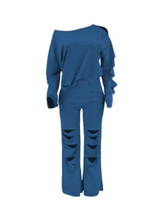 Front view of blue ripped two-piece sports set with off-shoulder sweat and pants
