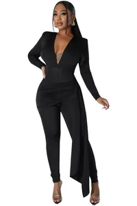 Detailed full body view of black deep V-neck long sleeve jumpsuit with side drape
