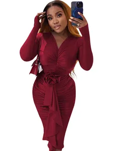 Detailed view of wine red V-neck long sleeve bodycon dress with 3D rose waist design.