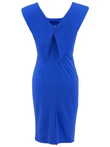 Detailed back view of a royal blue sleeveless office dress with a cape collar and zipper.