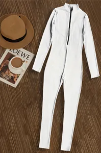 Macro view showing the ribbed fabric texture and front zipper of the white athletic jumpsuit