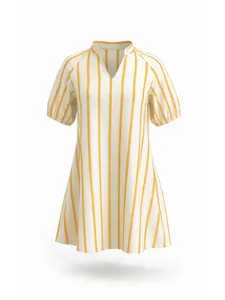 Vestido de verano a rayas amarillas y blancas con escote en V, mangas abullonadas y línea A