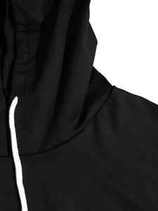 Detailed close-up showing the soft fabric and white drawstring of a black hooded sweatshirt.