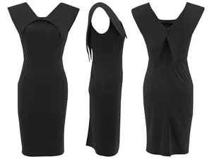 Professional black sleeveless midi office dress shown from front, side, and back views