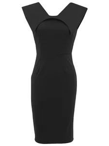 Elegant black sleeveless office pencil dress with unique structured neckline design