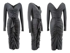 Three-way view of a gray V-neck ruched dress featuring a 3D rose decoration on the waistline