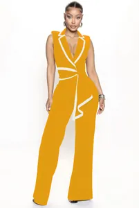 Eleganter senfgelber ärmelloser V-Ausschnitt Jumpsuit mit weiten Beinen und Paspelierung