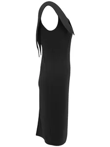 Side profile detail of an elegant black sleeveless square neck midi dress for office