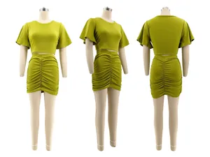 Three-way view of women's two-piece set featuring a crop top and ruched mini skirt