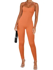 Sexy orange ribbed sleeveless bodycon jumpsuit for women with a slim fit long design