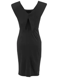 Detailed back view of an elegant black sleeveless office dress with zipper and slit