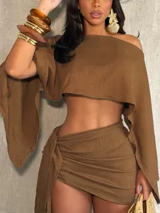 Chic brown off-shoulder crop top and matching wrap mini skirt two-piece vacation set