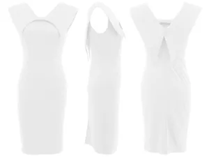 Triple view of white sleeveless office dress with square neck and back slit detail