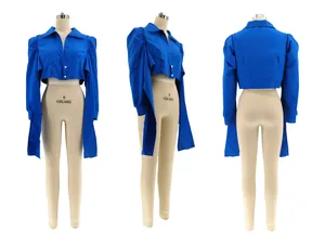 Three-way view of a blue cropped shirt with padded shoulders and long side ties