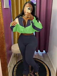 Women's colorblock two-piece set with zipper cropped jacket and high waist leggings