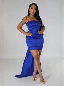 Elegant electric blue strapless bodycon pleated mini evening dress with long back train