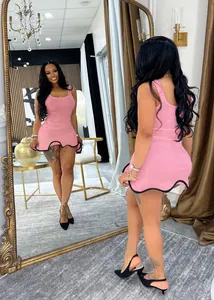 Detail view showing front and back of pink sleeveless bodycon dress with wavy hem